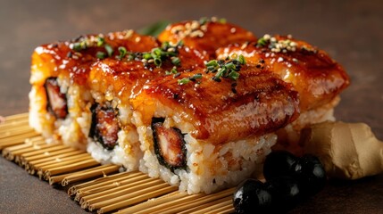 Deliciously Grilled Sushi Rolls Served on a Bamboo Mat