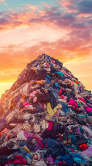 Mountain of used colorful clothes forming a big pile at sunset, representing textile waste and consumerism