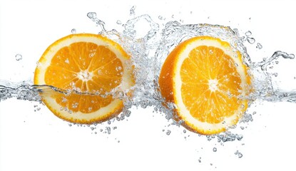 Fresh Orange Slices Splashing in Clear Water on White Background