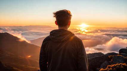 Fototapeta premium Young man watching sunset over mountains nature photography scenic view adventure