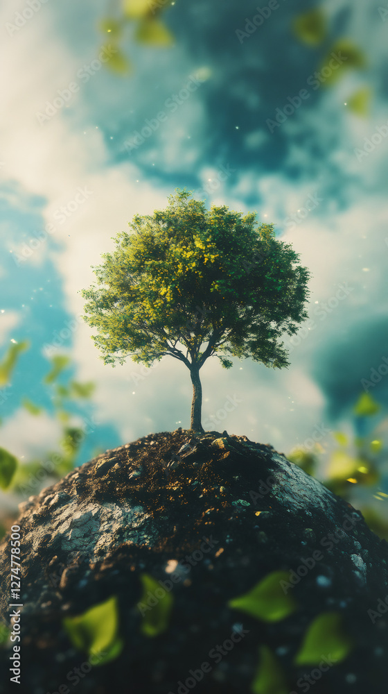 Poster lush green tree growing on a tiny spherical planet, symbolizing earth's fragility and the importance