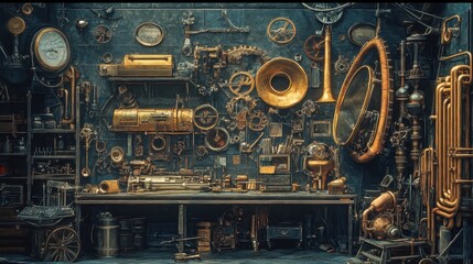 An elaborate steampunk workshop brimming with tools and mechanical components
