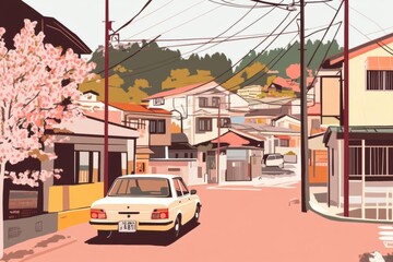 Obraz premium Car Parked on Street with Cherry Blossoms and Houses in Background, Suburban Life, Spring Season.