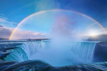 Fototapeta premium Beautiful waterfall cascading into a serene river with a vibrant rainbow under a bright sky, surrounded by colorful foliage and mist in a tranquil landscape