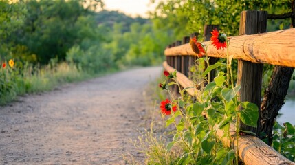 A tranquil dirt path surrounded by vibrant wild sunflowers and a wooden fence basking in the soft golden light of sunset