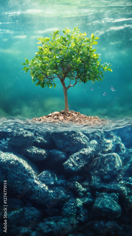 Poster surreal underwater landscape showing a thriving green tree growing on a small island surrounded by r