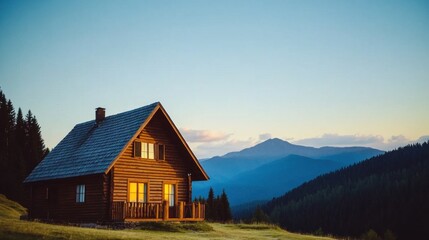 A cozy wooden cabin emits a soft glow under a starry sky, surrounded by dark mountain silhouettes at night