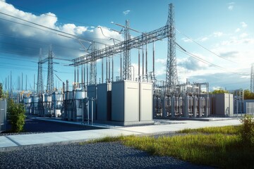 Obraz premium Power Grid's Vista: A sprawling power grid, a vital artery of our modern world, stands under a dramatic sky, humming with the silent energy that fuels our lives. 