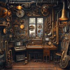 Obraz premium Steampunk musical instrument room filled with gears and pipes