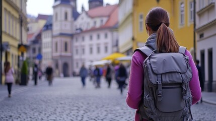Fototapeta premium A young woman with a backpack admires the historic architecture of a European street while enjoying the soft morning light