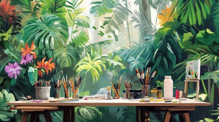 Art supplies arranged on a table with jungle background