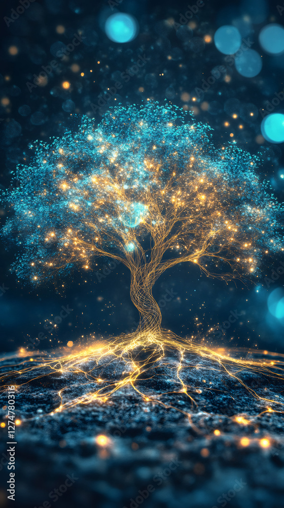 Poster glowing magic tree of life with roots spreading in a fantastic world, made of particles and light tr