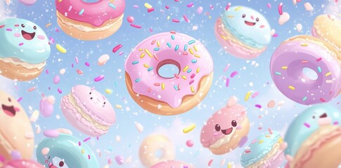 Many cartoon donuts and macarons float in a bright sky