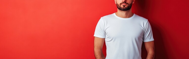 Obraz premium Man in a white shirt poses against a vibrant red background showcasing confidence and style
