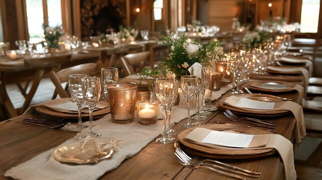 Rustic Elegance: A Long Wooden Table Set for a Wedding Reception