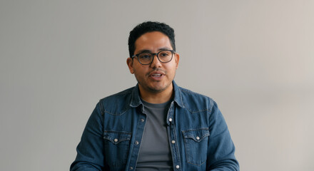 Obraz premium A man wearing a blue jacket and glasses is sitting in front of a white wall