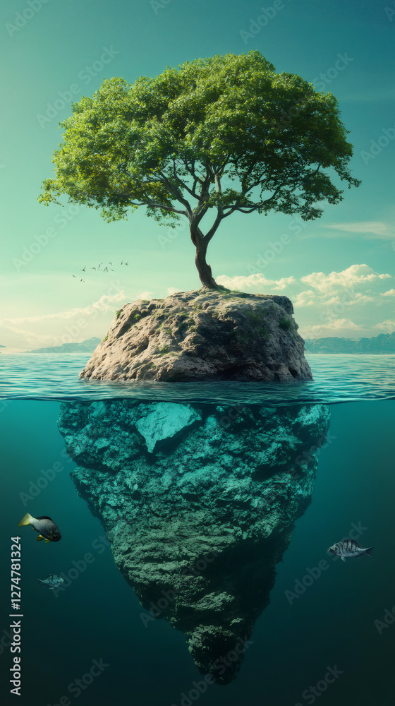 Poster Surreal image of a lonely tree growing on a small island with its underwater part visible