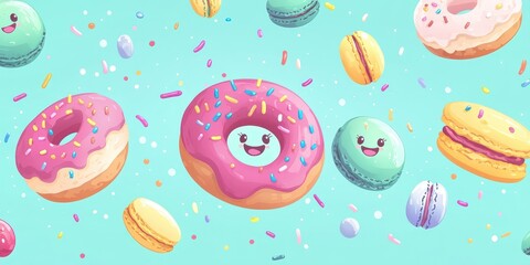 Cartoon donuts and macarons float amidst sprinkles on blue background