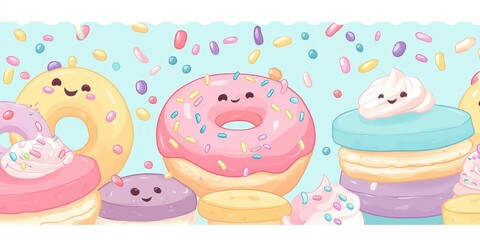 Illustration features a delightful array of stylized donuts and macarons