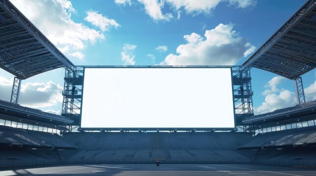 Stadium Screen and Sky: A grand stadium interior showcases a blank screen against a backdrop of a bright blue sky with soft clouds, creating a sense of anticipation for the event to come.