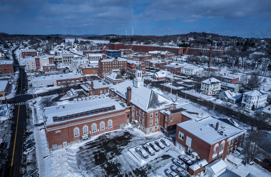 Aerial view of Gardner, Massachusetts in winter 