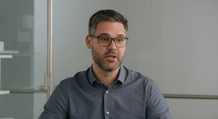 Obraz premium A man wearing glasses and a blue shirt is sitting in front of a white board