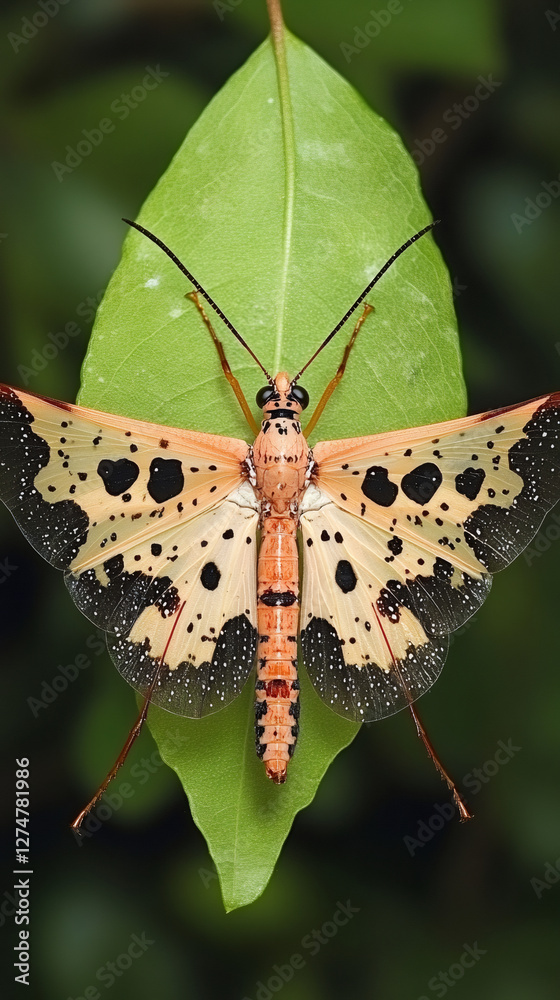 Poster Close-up colorful moth displaying intricate wing patterns, resting delicately on vibrant green leaf amid natural habitat