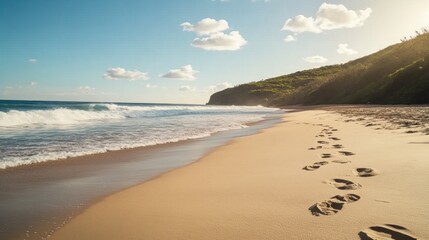 Footprints trace a path across warm sand, slowly vanishing beneath gentle waves at a serene beach under sunny skies