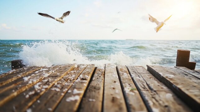 Ocean waves crash against a weathered wooden pier with mist rising into the air, while seagulls glide effortlessly overhead