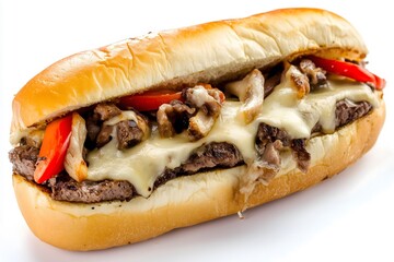 A philly cheese steak sandwich with slices of red bell pepper isolated on a white background