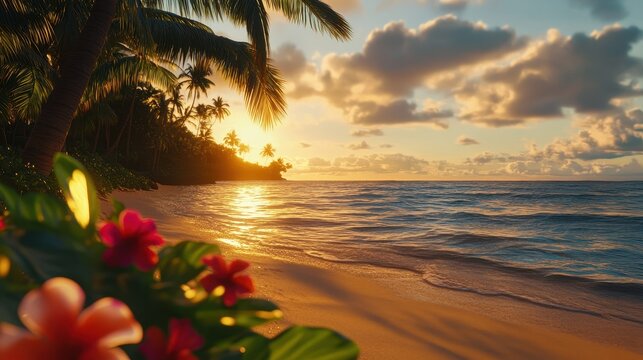 Beautiful sunset over tropical beach with vibrant flowers in the foreground and calm ocean waves in the background