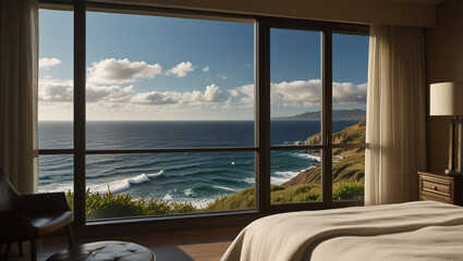 Fototapeta premium Room window with a view of the bright sea landscape in the morning