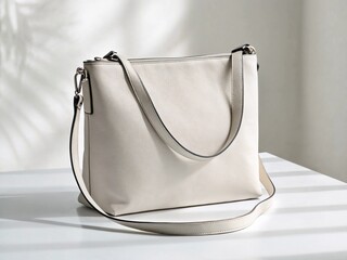 Minimalist crossbody bag on white surface, chic mood, with soft natural lighting, copy space