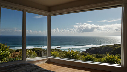 Room window with a view of the bright sea landscape in the morning