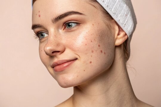 youthful face with acne, facial change treatment of spots and acne skin conditions