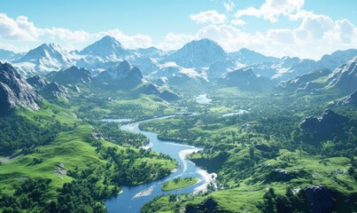 Fototapeta premium Serene mountain landscape with winding rivers, lush green valleys, and snow-capped peaks under clear blue skie
