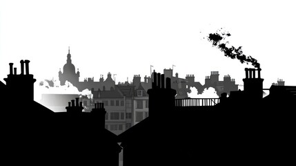 Cityscape silhouette, smoke, rooftops, design