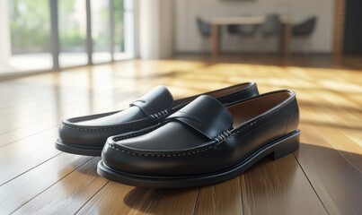 Pair of stylish black shoes placed on a smooth wooden surface, soft reflections adding elegance to the fashion-focused compositio.