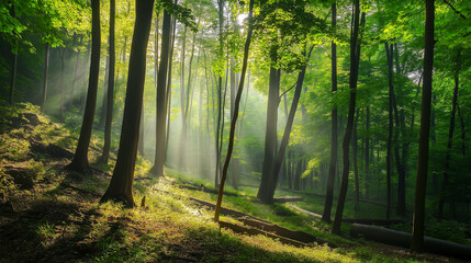 Obraz premium Breathtaking Sunbeams Streaming Through the Dense Forest Canopy, Illuminating the Lush Greenery and Creating a Magical, Serene, and Tranquil Nature Atmosphere in the Woodland