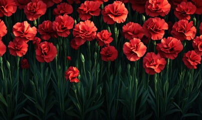 Fototapeta premium Rows of bright red carnations blooming in a lush garden bed, their vivid petals and rich green stems creating a striking floral contrast