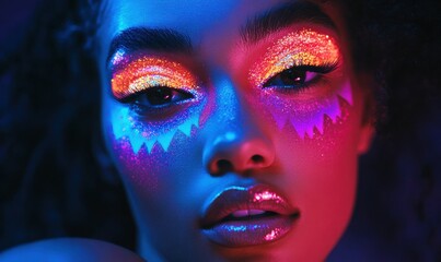 Vibrant makeup portrait with glowing neon eyeshadow, intricate glitter patterns, and radiant skin.