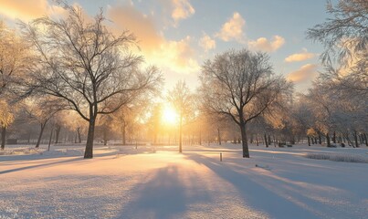 Snow-covered park with soft golden hour light, frost-covered branches creating a winter wonderlan
