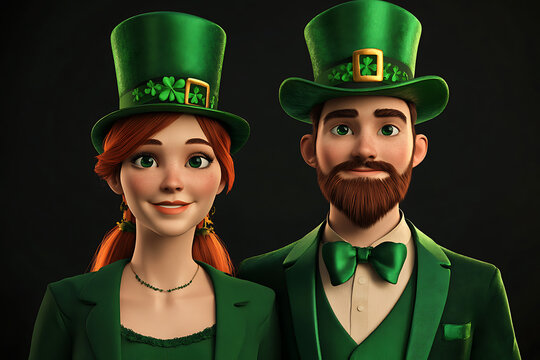A cheerful couple dressed in green attire and top hats, celebrating a festive occasion with a dark background