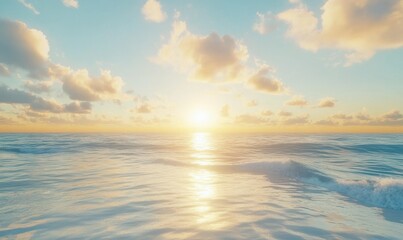 Vibrant sunrise over a calm ocean, soft pastel hues reflecting on the water, creating a serene coastal landscap