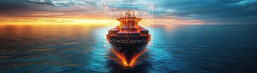 Fototapeta premium Cargo ship at sea with glowing AR container tracking data, vibrant ocean setting, soft natural lighting, photorealistic