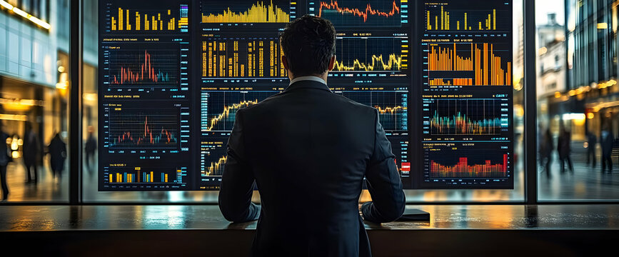 Businessman Reviewing Financial Data On Wall Screens In Modern Office