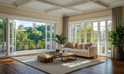 Spacious open-plan living room with wooden floors, neutral-toned furniture, and large sliding doors leading to a balcony.