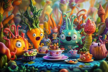 Cartoon creatures enjoy an elaborate tea party amidst vibrant colors