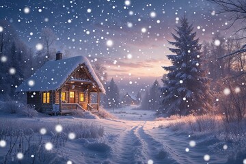 Naklejka premium Enchanting Winter Landscape with Cheerful Snowflakes and Abundant Snowfall at Twilight