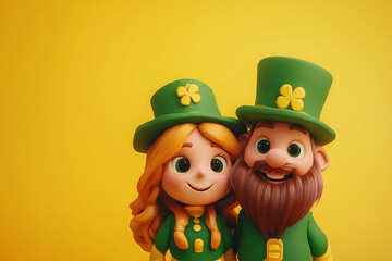 Naklejka premium Cheerful cartoon couple wearing green hats with shamrocks, celebrating St. Patrick's Day against a bright yellow background